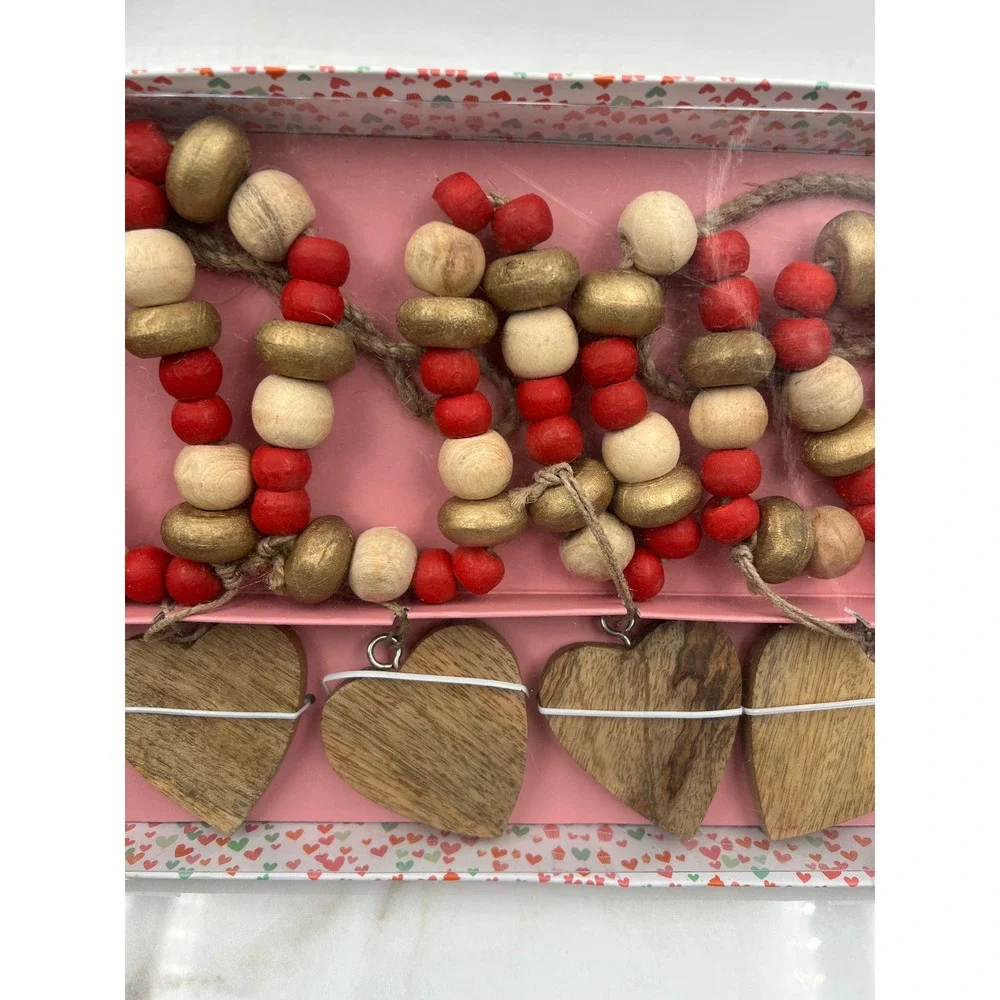 Love & Cupcakes 6 Ft Wooden Heart Garland Red Gold Natural Wood Bead Valentine